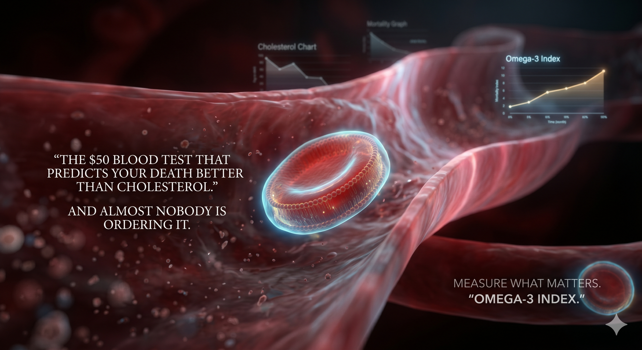 predictive-omega-3-index-test-better-than-cholesterol.png An ultra-realistic cinematic macro shot looking down a human artery, following a single red blood cell whose membrane is glowing with blue-gold bioluminescent highlights. Text overlays to the left read "THE $50 BLOOD TEST THAT PREDICTS YOUR DEATH BETTER THAN CHOLESTEROL." and "AND ALMOST NOBODY IS ORDERING IT." The background shows faint holographic biomarker charts, with an Omega-3 Index graph in clear focus in the top right. In the bottom right, smaller text reads "MEASURE WHAT MATTERS. 'OMEGA-3 INDEX.'"