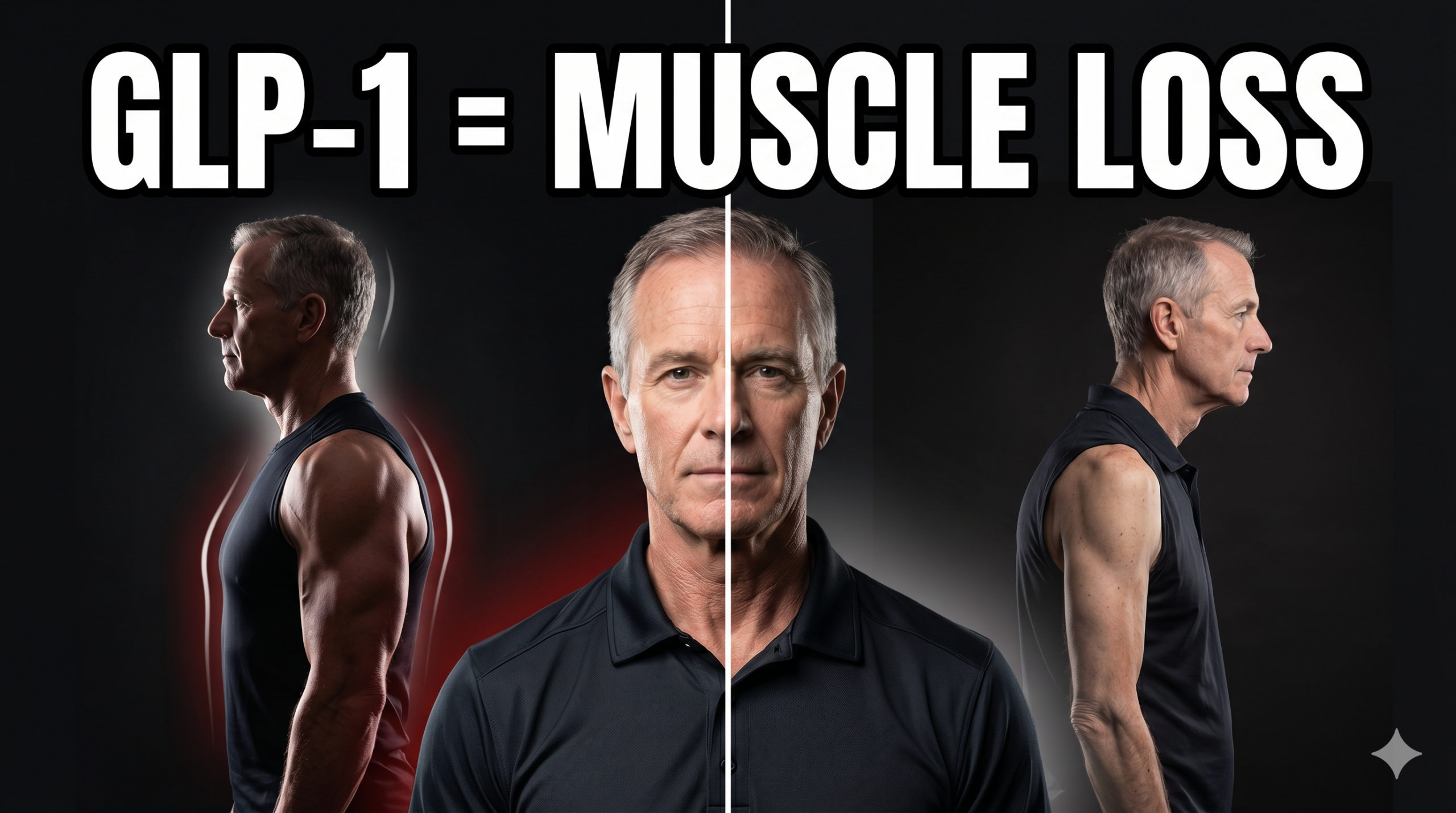 glp-1-muscle-loss-hidden-cost Split-frame thumbnail showing a muscular silhouette on the left versus a visibly frailer figure on the right, with serious male face center-left and bold text reading GLP-1 = MUSCLE LOSS in white and red against dark background.