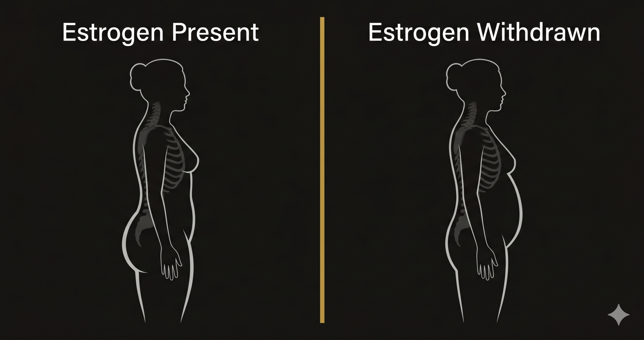menopause-metabolism-estrogen-fat-redistribution1200x630px Side-by-side silhouette comparison showing how estrogen withdrawal changes female fat distribution from hips and thighs to abdomen and visceral fat after menopause