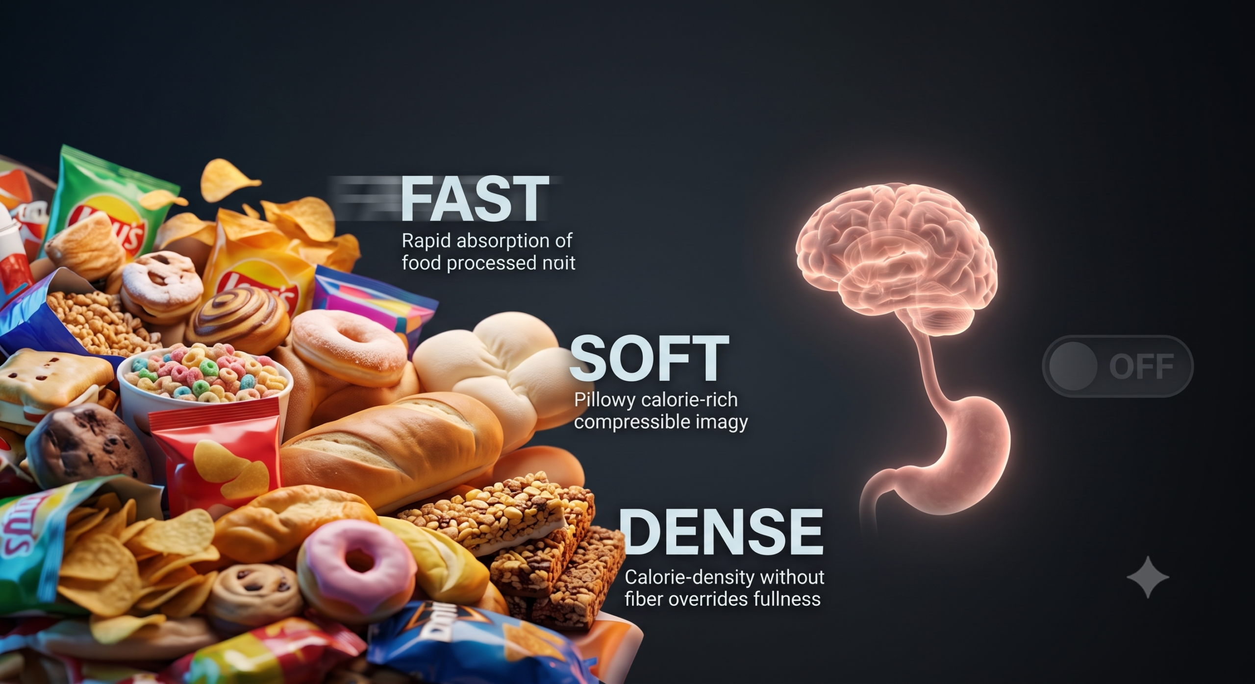 food-processing-overrides-satiety-fast-soft-dense-food-cinematic-health A split image showing ultra-processed foods next to a glowing anatomical brain and stomach. The text "FAST," "SOFT," and "DENSE" sits beside a dimmed "OFF" switch, illustrating how these foods bypass the body's natural fullness signals.