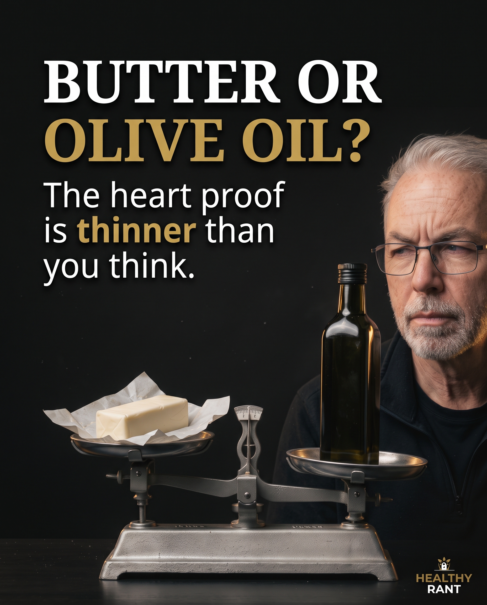 butter-vs-olive-oil-heart-proof-thinner-featured-image (2) Butter or olive oil? A butter stick and olive oil bottle on a balance scale beside a man in glasses, with the text: the heart proof is thinner than you think.