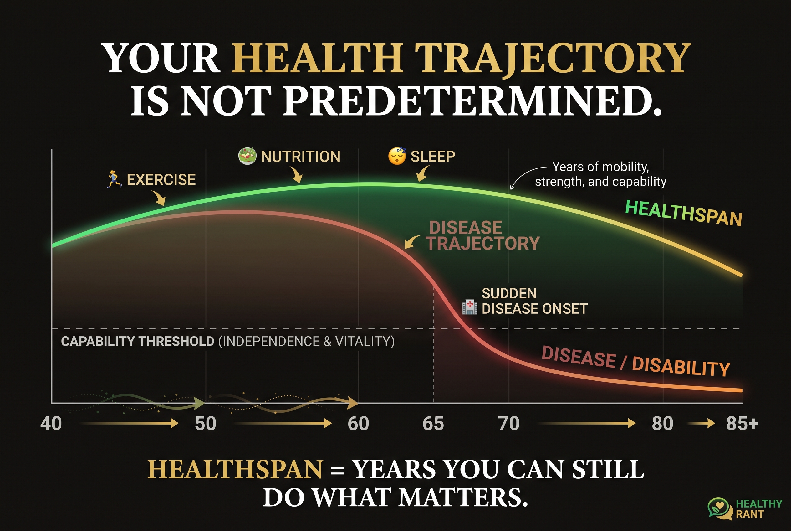 pillar-longevity-healthspan-disease-trajectory Chart showing two aging trajectories: healthy trajectory with exercise, nutrition, and sleep maintaining capability into 80s versus disease trajectory with sudden disease onset at 65 leading to disability and loss of independence