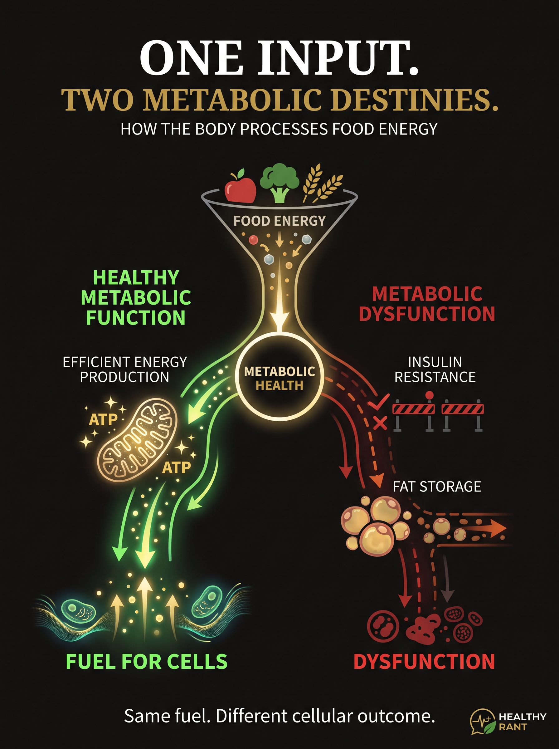 pillar-metabolic-health-energy-funnel Energy funnel diagram showing two metabolic pathways: efficient energy production leading to ATP and cellular fuel on the left, versus insulin resistance and fat storage on the right