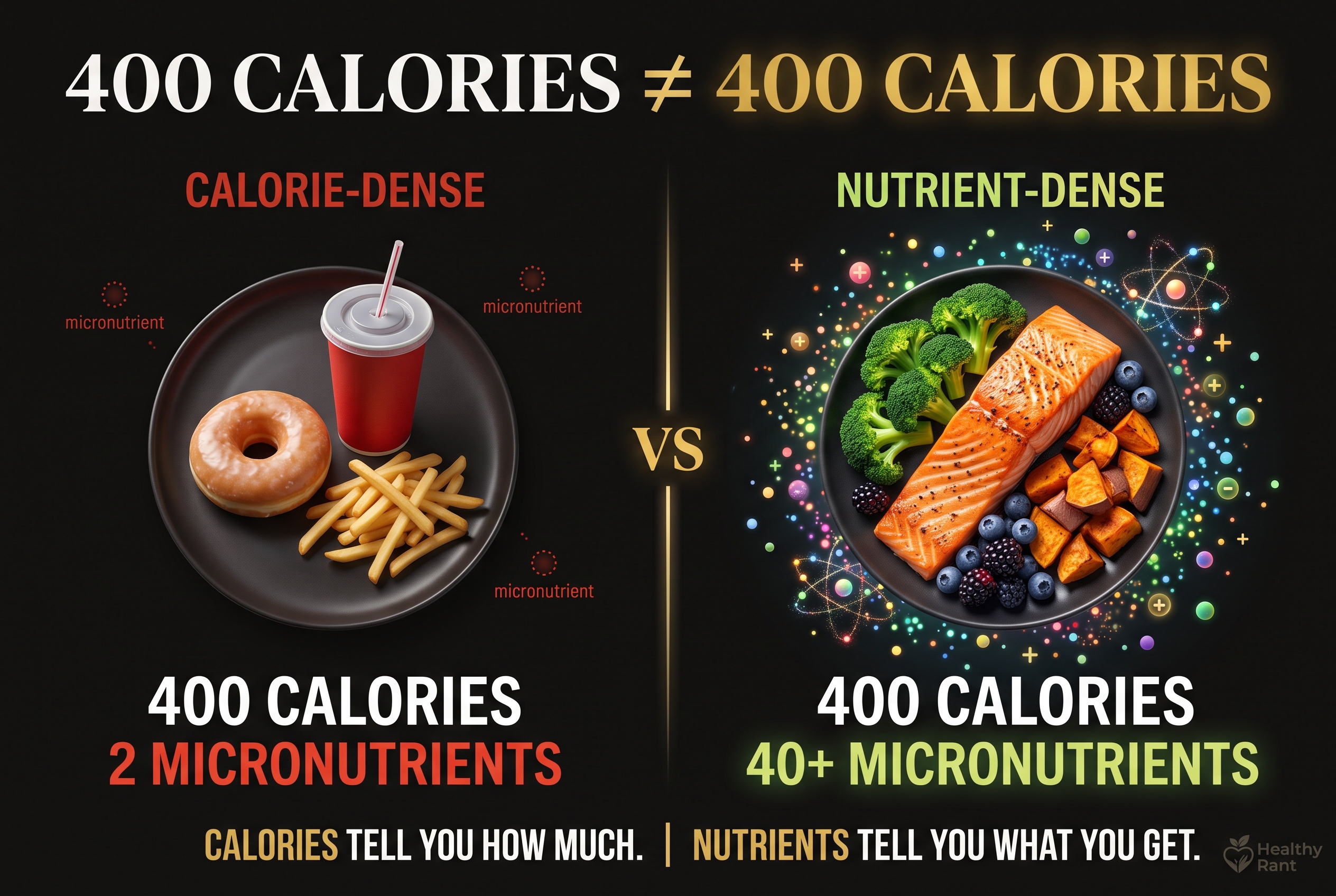 pillar-preventative-nutrition-nutrient-calorie-density Nutrient density comparison: 400 calories of processed food (donut, fries, soda) containing 2 micronutrients versus 400 calories of whole foods (salmon, broccoli, sweet potato, berries) containing 40+ micronutrients